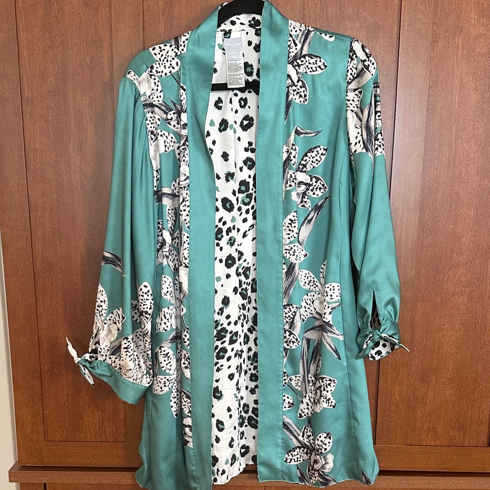 Chico's Teal and Black Patterned Kimono